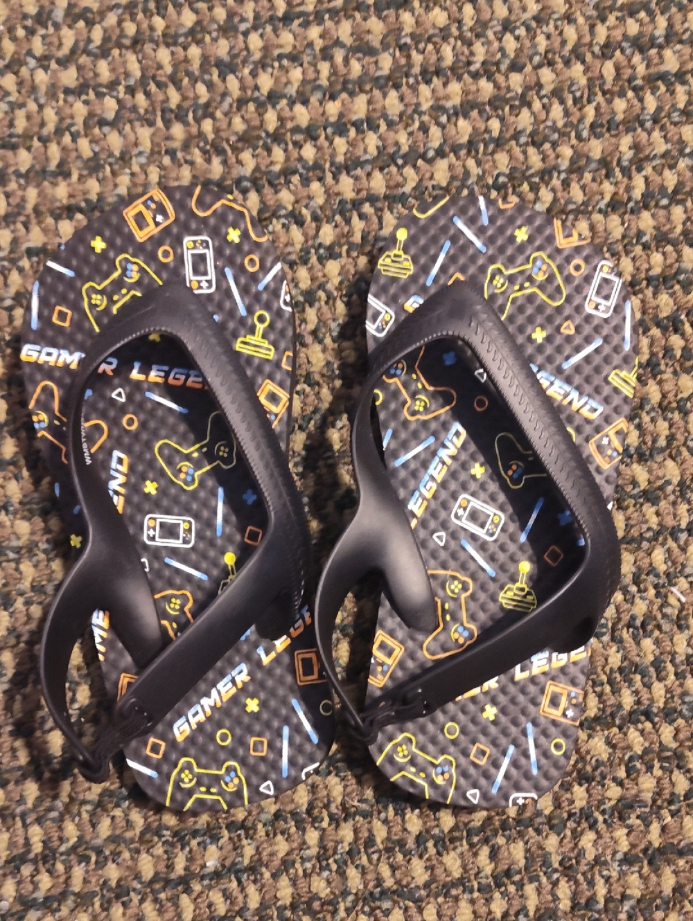 Kids Gamer Flip Flops - Black with Yellow & Blue Accents